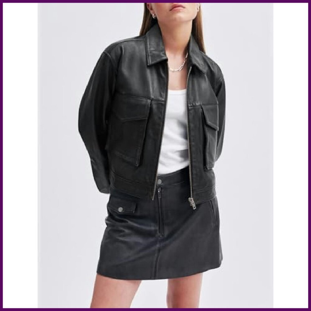 Faux Leather Motorcycle Jacket Bomber Style Cropped Zip Up - Picture 5 of 8